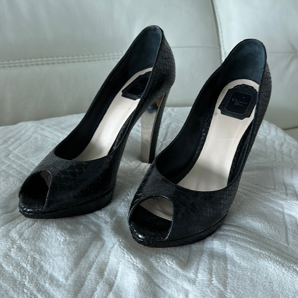 Christian Dior Black Snakeskin Platform Peep-toe Pumps